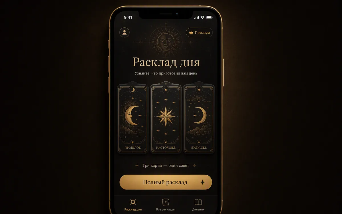 Демо-экран Telegram Mini App: расклад дня и платные механики